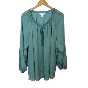 LC Lauren Conrad Peasant Blouse Womens Top 3X Green Floral Ruffle Tie Front Boho